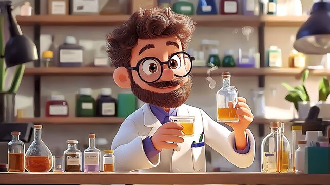 Cartoon Scientist Examining Liquid Sample in Lab.
