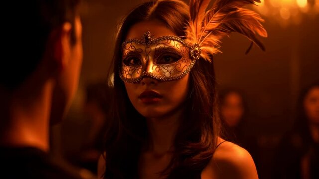 Mysterious masked woman in elegant attire gazing intently at a man during a vibrant masquerade ball - seductive asian woman