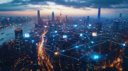 Naklejka premium Smart City Networked Metropolis at Dusk