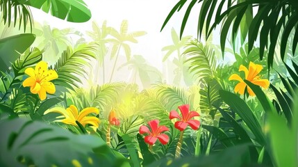 Lush Tropical Jungle with Colorful Flowers in Bright Green Foliage