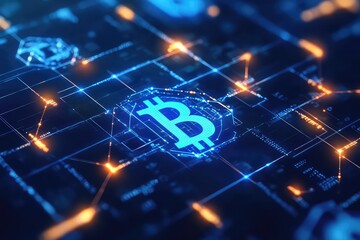 A futuristic concept of a digital dollar in a blockchain ecosystem, symbolizing cryptocurrency and fintech.