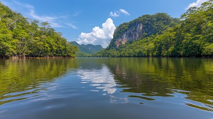 Fototapeta premium Serene Tropical River Landscape with Lush Green Vegetation and Dramatic Cliffs
