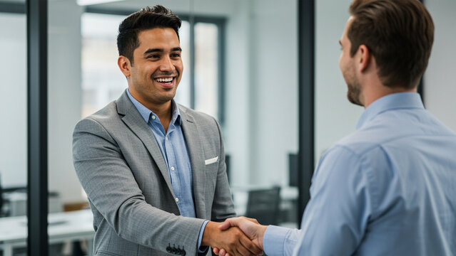 En la imagen, dos hombres est&aacute;n d&aacute;ndose la mano en una oficina moderna y bien iluminada. Uno de ellos lleva un traje gris con una camisa azul clara y sonr&iacute;e amigablemente, mientras el otro viste una c