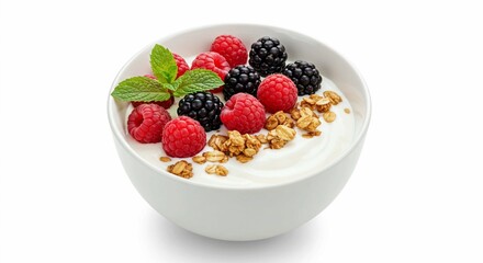 Healthy yogurt parfait with a simple bowl, topped with berries, granola, and mint for a refreshing snack
