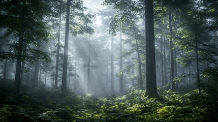 Fototapeta premium Sunbeams pierce misty forest, illuminating ferns and tall trees.