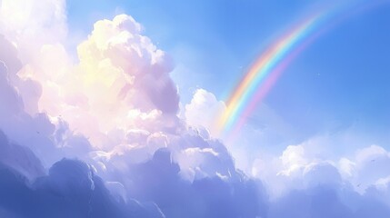Colorful Rainbow Against a Bright Cloudy Sky with Blue Atmosphere