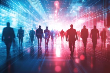 A futuristic scene depicting silhouettes of people walking through a vibrant digital corridor filled with colorful lights and abstract patterns