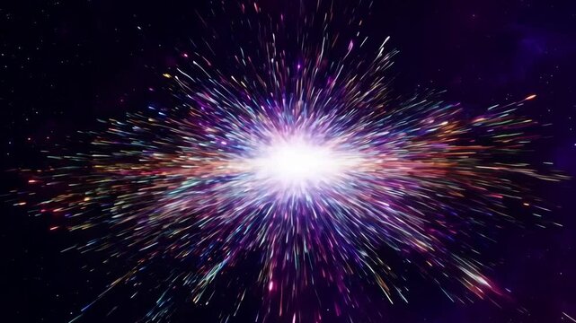 A vibrant explosion of colors and light fills the dark expanse of space, showcasing the dynamic beauty of stars and celestial bodies amidst swirling cosmic dust.