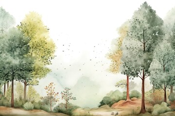 Fototapeta premium Watercolor forest scene backdrop landscape outdoors nature.