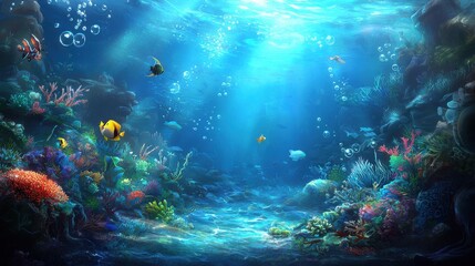 Fototapeta premium Vibrant Underwater Scene with Colorful Fish and Coral Reefs