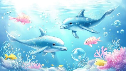 Obraz premium Playful Dolphins Swimming Among Colorful Fish and Coral Reefs