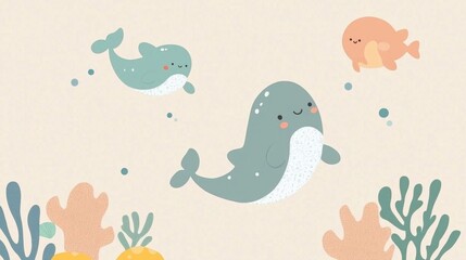 Cute Cartoon Whales and Fish Swimming Among Colorful Coral Reefs