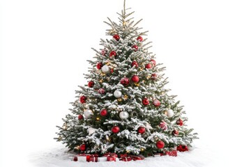Snow-dusted Christmas tree with red & silver ornaments, gifts at base. Perfect for holiday cards, websites, & festive designs.