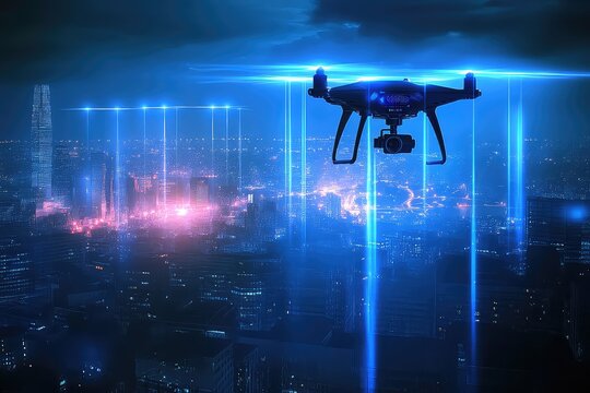 A futuristic concept with a drone scanning the city with blue laser beams, representing surveillance or mapping technology.