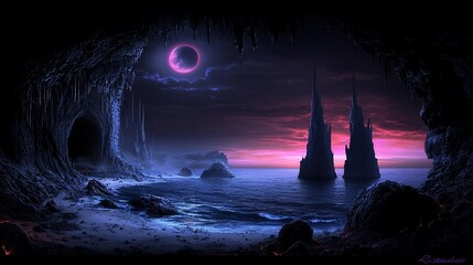 Pink moonlit fantasy seascape with cave and rock formations.