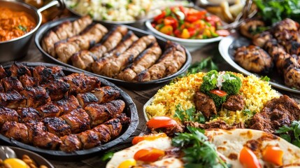 Obraz premium Delicious Array of Grilled and Spiced Dishes on a Festive Table
