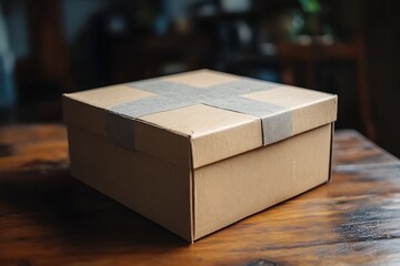 Taped Cardboard Box on Wooden Table