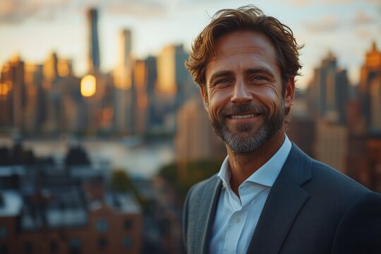 A charming man in a well-fitted suit, smiling confidently, standing against an elegant city skyline