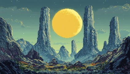 Pixel art landscape, moonlit canyon, towering rocks, starry night