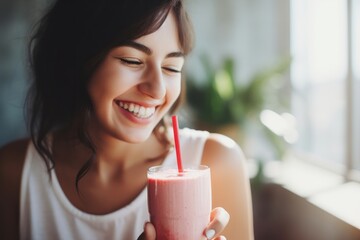 Strawberry smoothie drink drinking smiling.