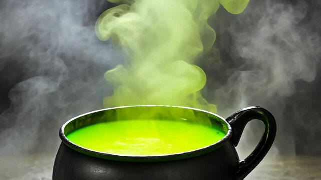 Cauldron bubbles with bright green potion surrounded by mystical smoke