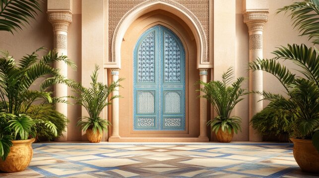 Elegant Interior of Moroccan Style Entrance with Blue Door and Plants - Powered by Adobe