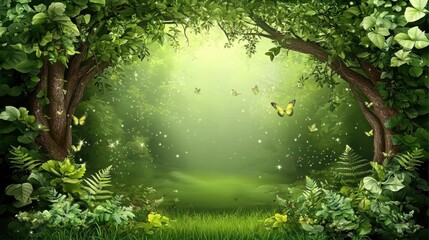 Fototapeta premium Lush Green Forest Scene with Beautiful Butterflies and Natural Light