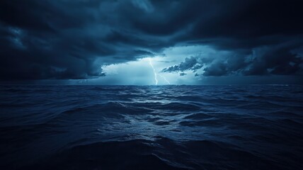 Fototapeta premium dark and stormy ocean with lightning in the distance