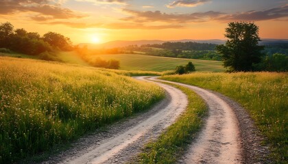 Fototapeta premium Sunset road, hills, field, travel, peace