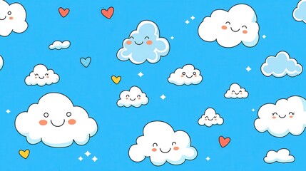 Cheerful Clouds with Smiling Faces and Colorful Hearts on Blue Background