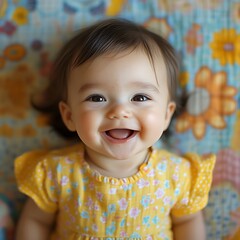 Baby girl laughs on floral blanket