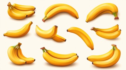 Banana bunches and solo pieces, various views for healthy eating illustration