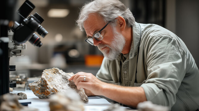 Expert geologist examines rock specimen in a research laboratory setting during afternoon hours