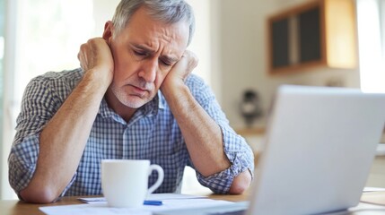 Retirement financial stress in a minimalist home study. Featuring worry and contemplation