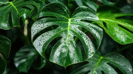 Fototapeta premium Close-up of Lush Green Monstera Leaves with Dew Drops