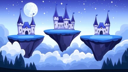 Naklejka premium Dreamy Floating Castles Under a Magical Night Sky