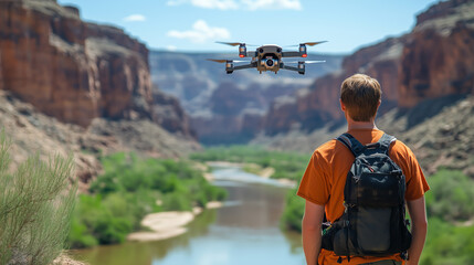Person operates a drone over a scenic river canyon on a sunny day with rock formations in the background and vibrant greenery lining the riverbank