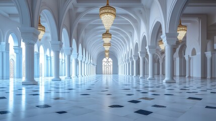 Elegant spacious hall with arches and ornate chandeliers in neutral tones