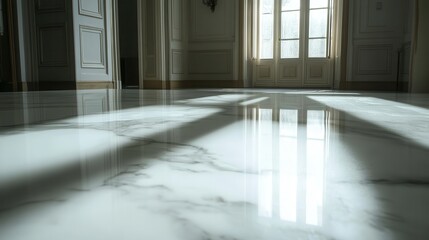 Gleaming marble floor reflects sunlight, showcasing elegant veining. Ideal for showcasing luxury, architecture, or interior design projects.