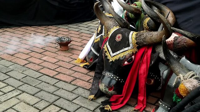 Bull head mask, used to perform bull dances usually called Bantengan, a traditional Javanese dance that imitates the movements of a bull, Indonesia Javanese culture