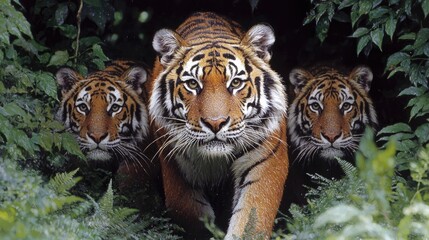 Obraz premium Three tigers in a jungle, emerging from foliage. Potential use for wildlife conservation