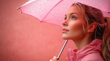 A serene woman with a pink umbrella on a rainy day, perfect for promoting self-care, mindfulness, or spring fashion. Ideal for personal blogs or wellness campaigns.