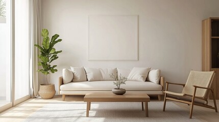 A bright and airy living room featuring minimalist design with light colored sofa, wooden chair, and potted plant. natural light enhances serene atmosphere, perfect for relaxation