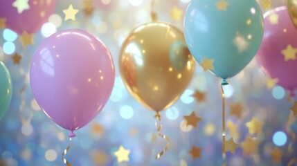 Sweet and joyful birthday scene with pastel balloons floating among golden stars