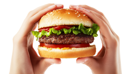 Delicious juicy burger in hands, cut out