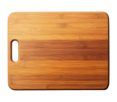 Top view of an empty wooden cutting board with a handle isolate on transparent background