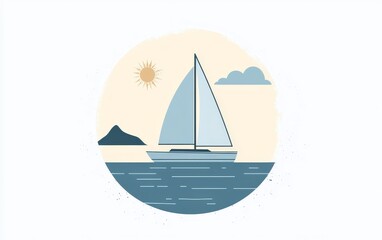 Sailing boat on sea, sunrise, islands in the background