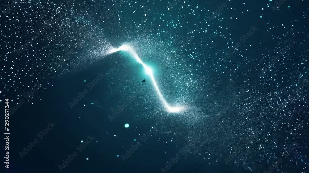 Wall mural swirling particles and beams of light create a mesmerizing display in a dark cosmic space. the capti