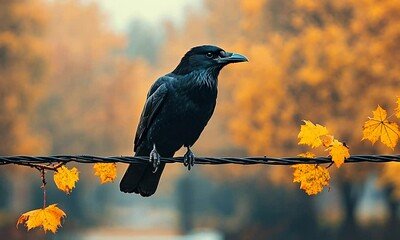 A solitary black crow perched on a barbed wire fence amidst vibrant autumn foliage in a serene landscape - Powered by Adobe