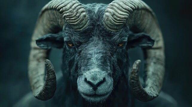 Dark Ram Facing Forward in Foreboding Scene.  Possible use in fantasy or horror content